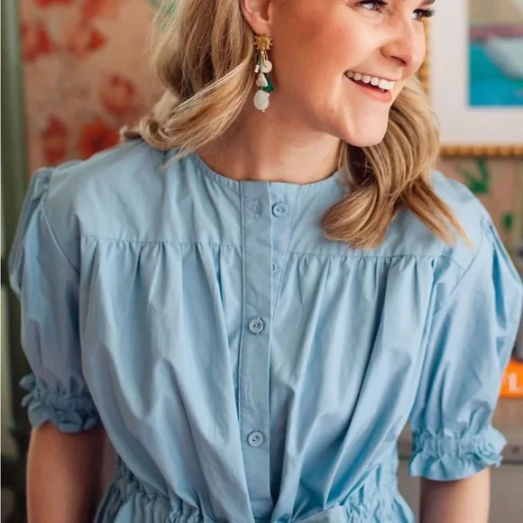 NEW The Shirt by Rochelle Behrens Kayla Shirt Puff Sleeve Tie Top - Picture 3 of 4